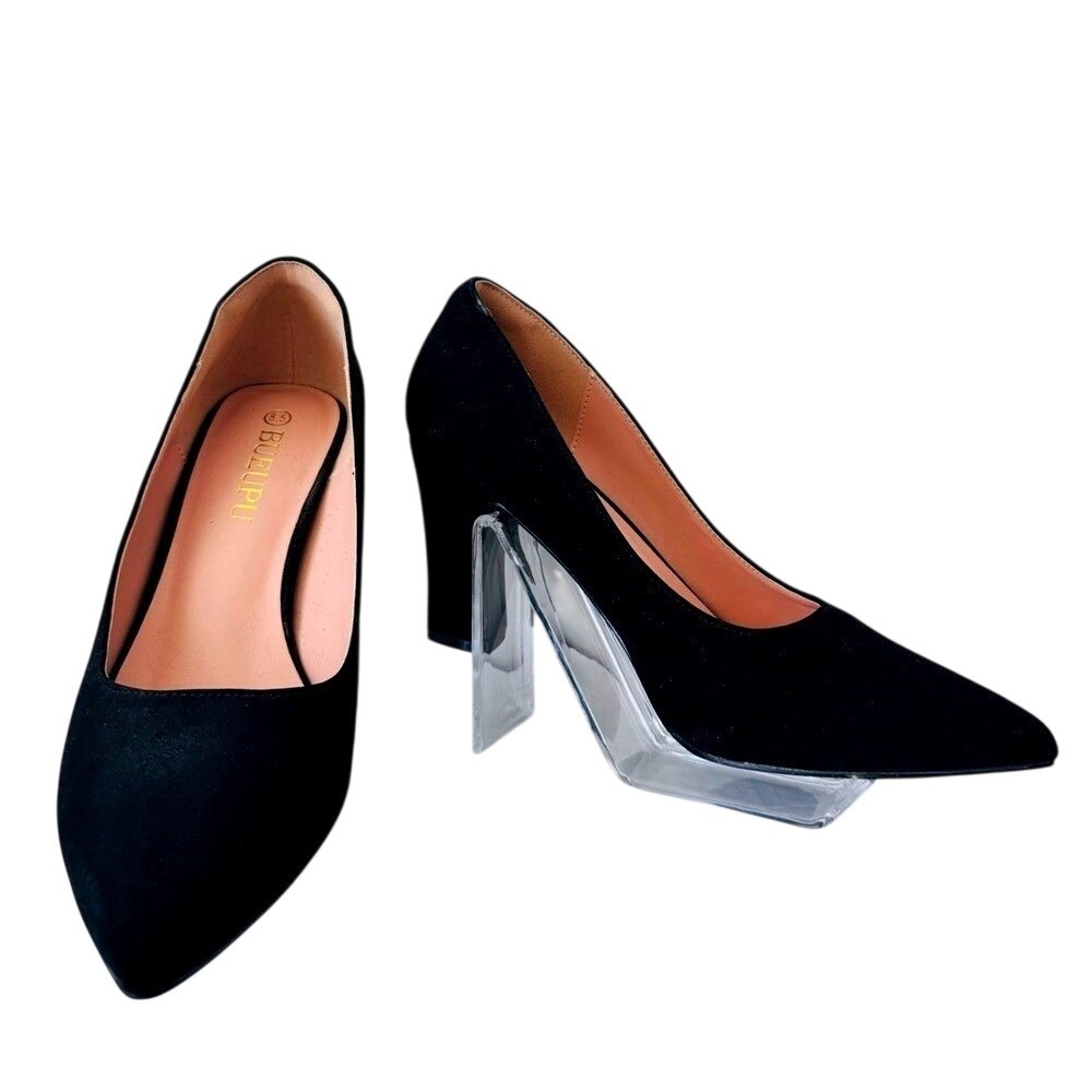 Black Pumps Pointed-Toe Heels Work Shoe Suede-Like Classic Formal Block Heel 8.5